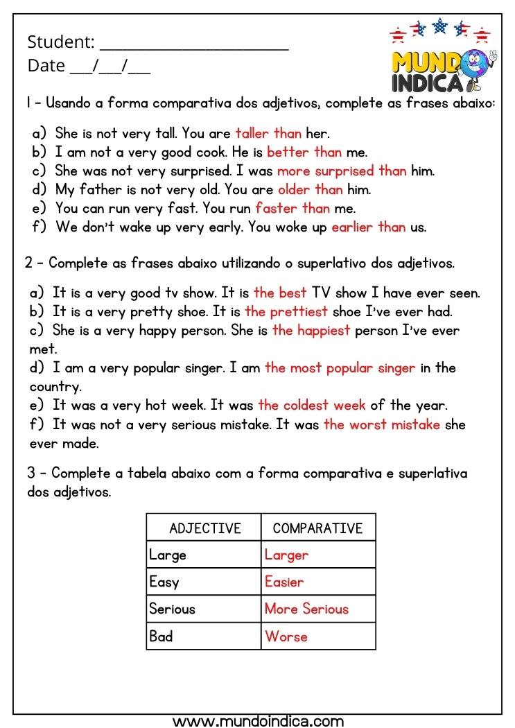 Atividade de Inglês 8 Ano com a Forma Comparativa e Superlativa dos Adjetivos com Respostas