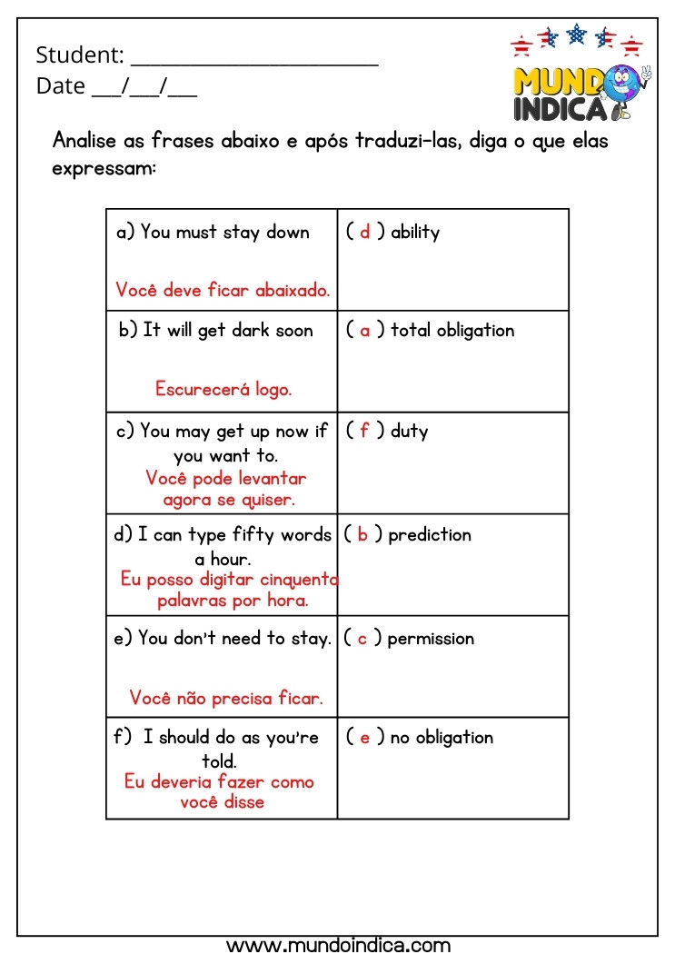 Atividade de Inglês 9 Ano Ligue as Frases ao que elas Expressam com Respostas