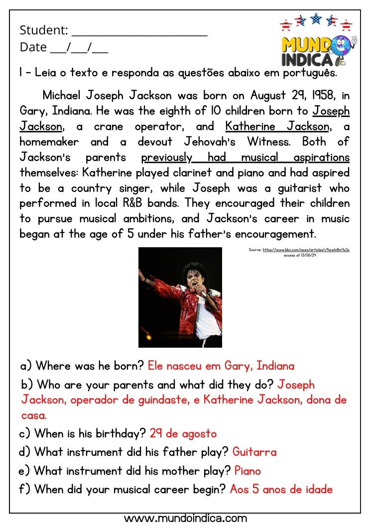 Atividade de Inglês 9 Ano com Interpretação de Texto sobre Michael Jackson com Respostas