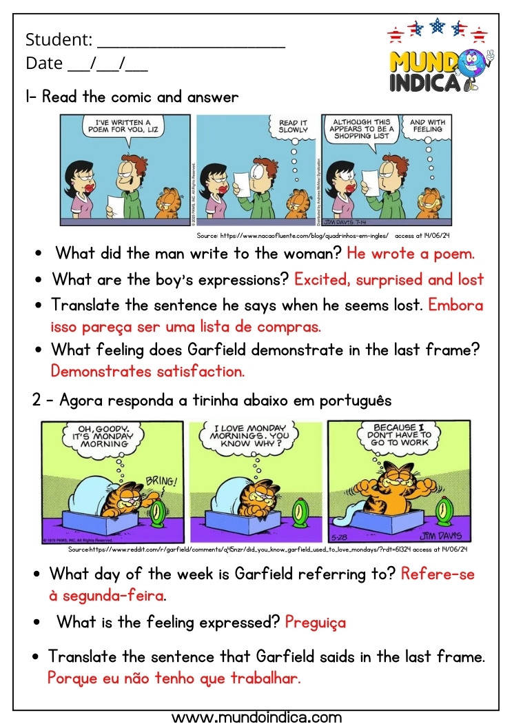 Atividade de Inglês 9 Ano com Tirinhas do Garfield com Respostas