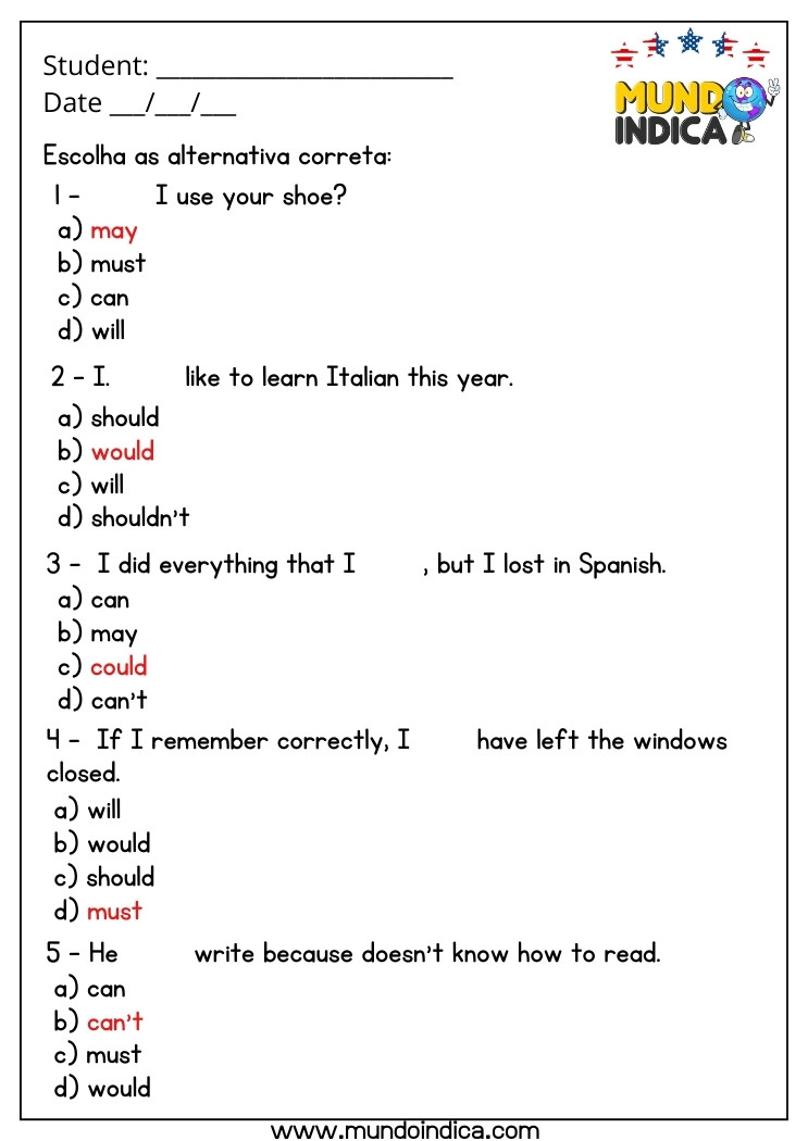 Atividade de Inglês 9 Ano para Preencher os Espaços em Branco com as Alternativas Corretas com Respostas