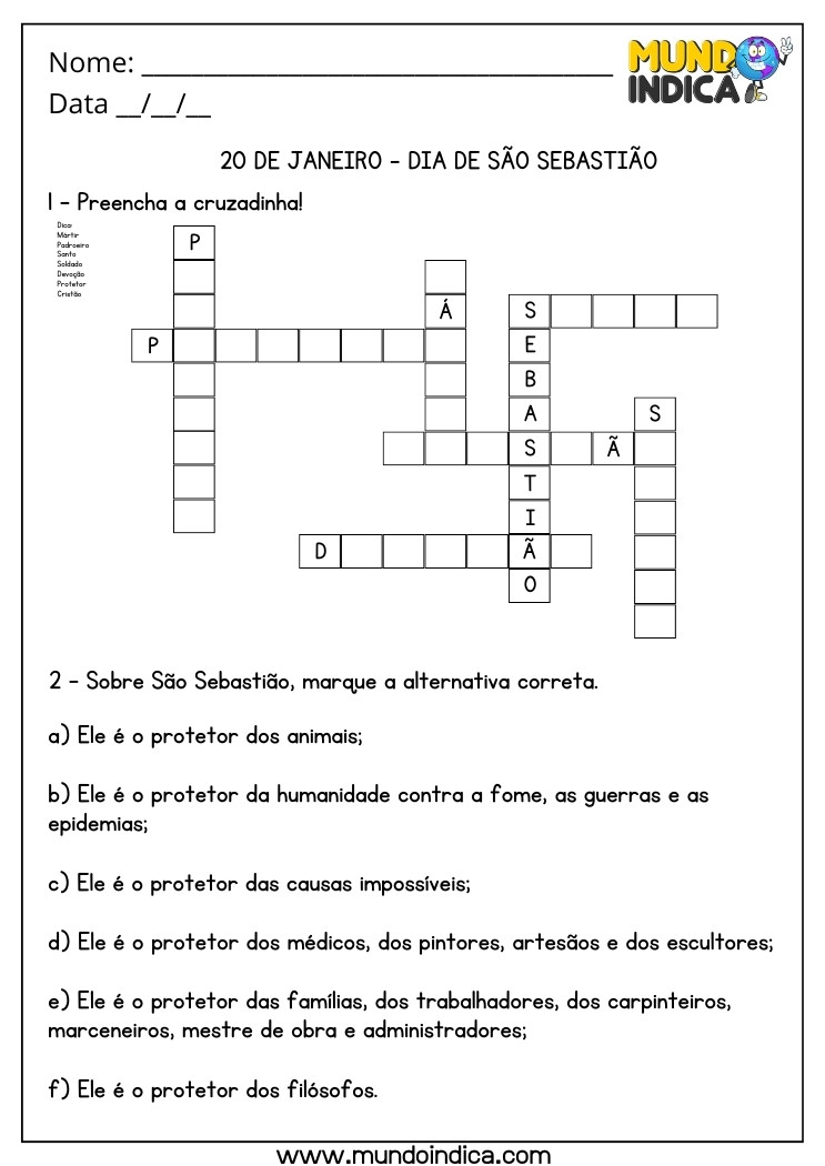 Atividade de Palavra-Cruzada para o Dia de São Sebastião para Imprimir