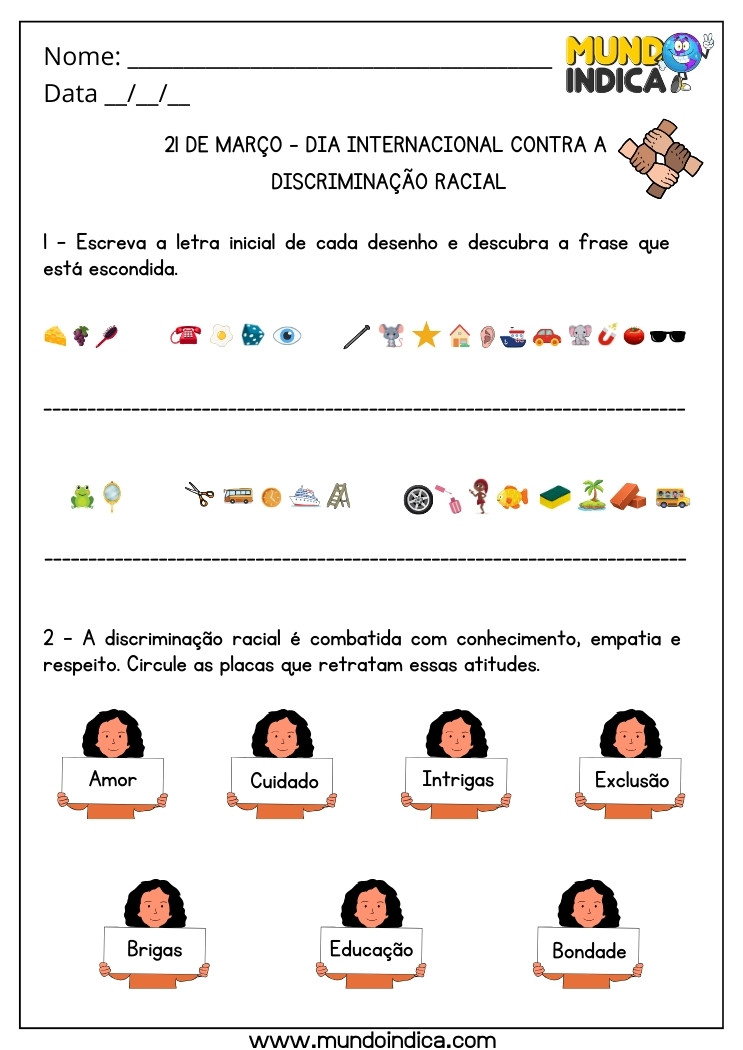 Atividade de Percepção e Raciocínio Lógico para o Dia Internacional Contra a Discriminação Racial