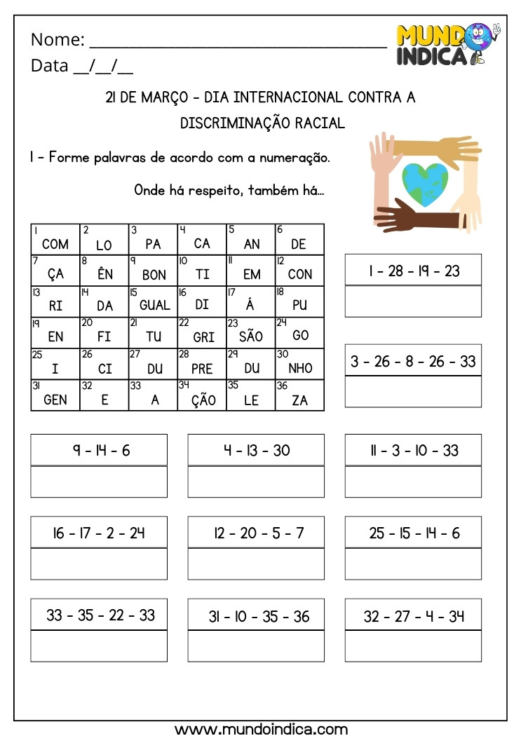 Atividade de Raciocínio Lógico para o Dia Internacional Contra a Discriminação Racial para Imprimir