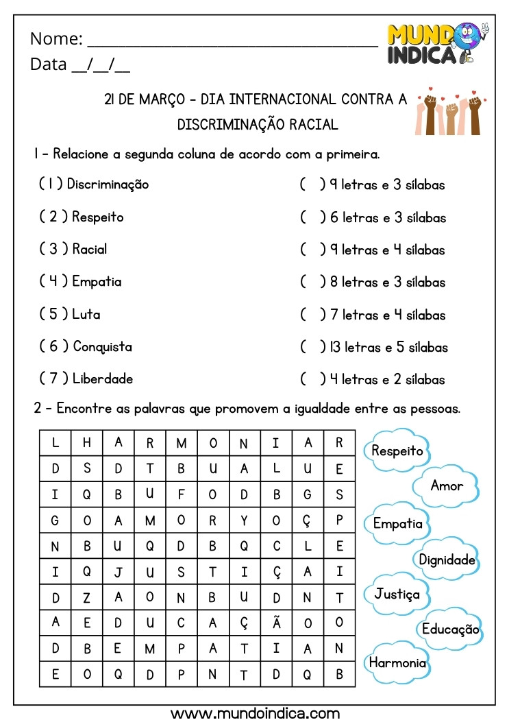 Atividade para o Dia Internacional Contra a Discriminação Racial Relacione as Colunas e Encontre as Palavras no Diagrama