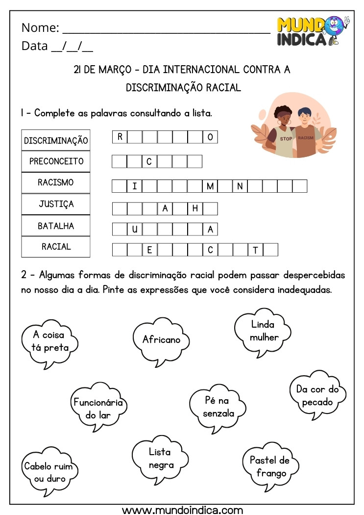 Atividade para o Dia Internacional Contra a Discriminação Racial de Complete e Expressões Inadequadas para Imprimir