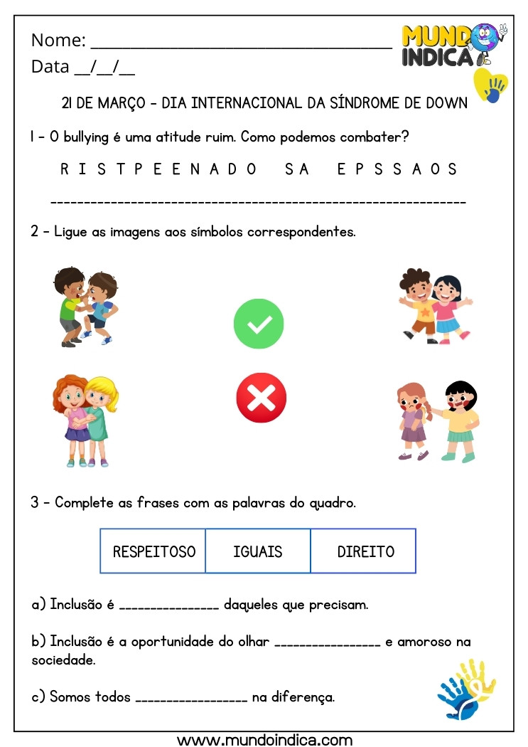 Atividade para o Dia Internacional da Síndrome de Down sobre Bullying e Inclusão para Imprimir