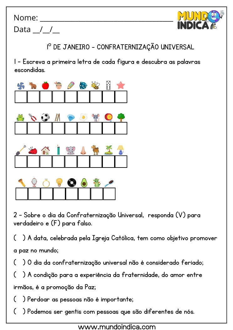 Atividade para o Dia da Confraternização Universal Descubra as Palavras Escondidas e Verdadeiro ou Falso para Imprimir