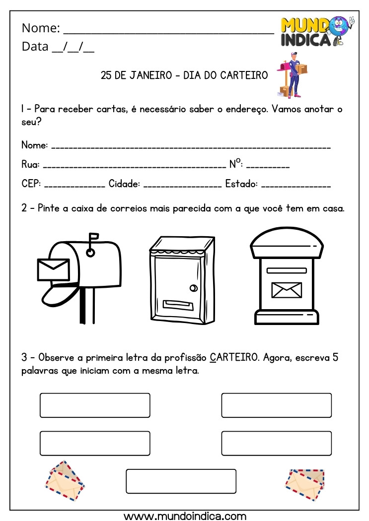 Atividade para o Dia do Carteiro Anote seu Endereço no Espaço, Pinte a Caixa de Correios e Escreva 5 Palavras com a Letra C de Carteiro para Imprimir