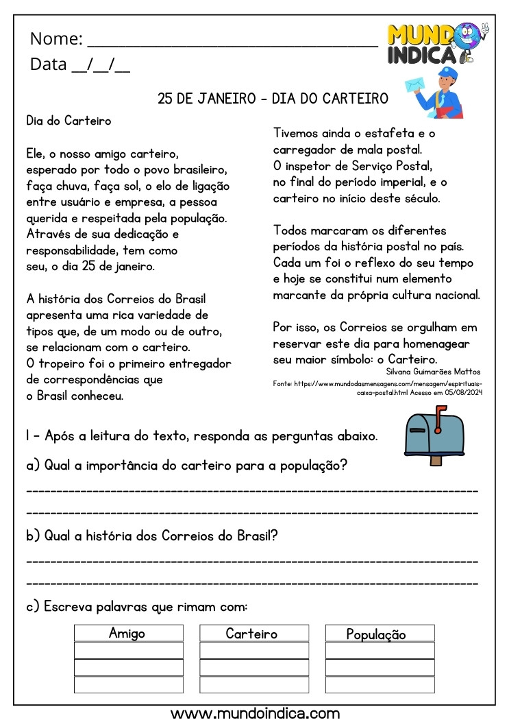 Atividade para o Dia do Carteiro para Imprimir