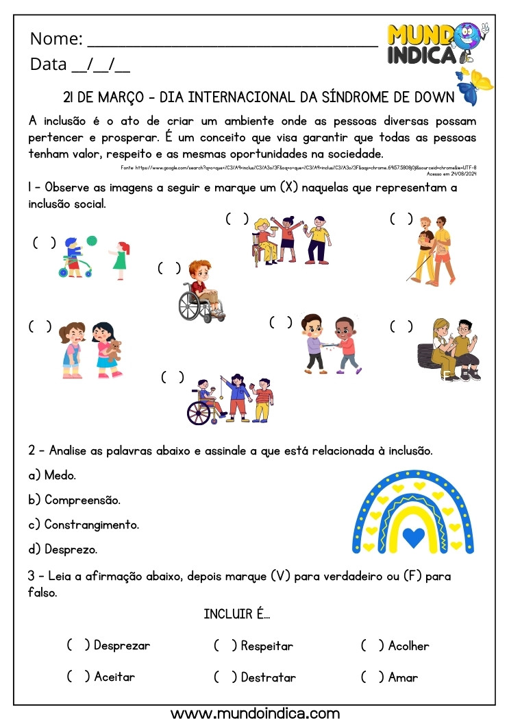 Atividade sobre Inclusão para o Dia Internacional da Síndrome de Down para Imprimir