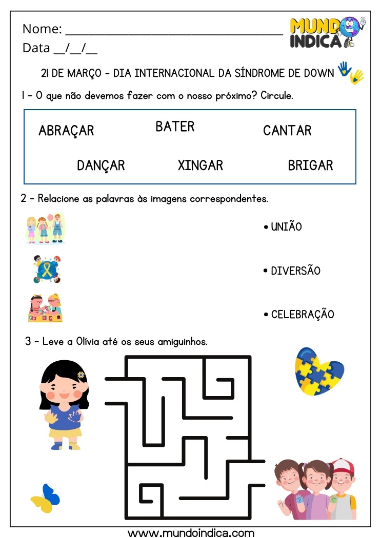 Atividades de Labirinto e Inclusão para o Dia Internacional da Síndrome de Down para Imprimir