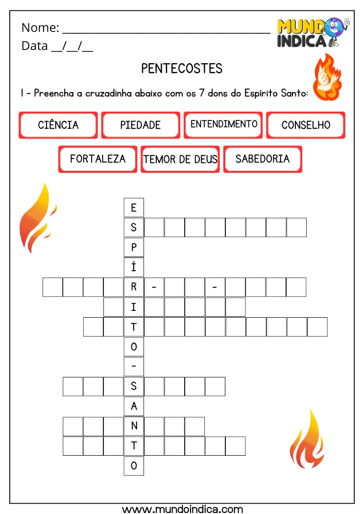 Atividade Bíblica sobre Pentecostes com Cruzadinha dos 7 Dons do Espírito Santo para Imprimir