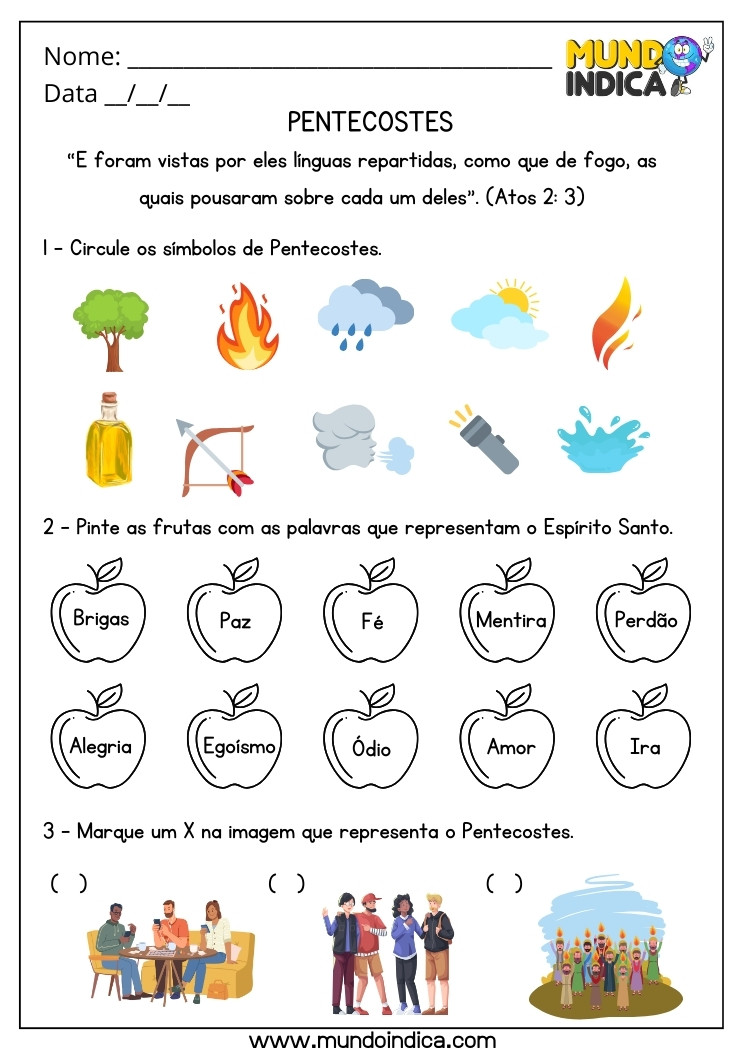 Atividade Bíblica sobre Pentecostes para Circular os Símbolos do Espírito Santo e Pintar as Frutas com as Palavras que o Representam para Imprimir