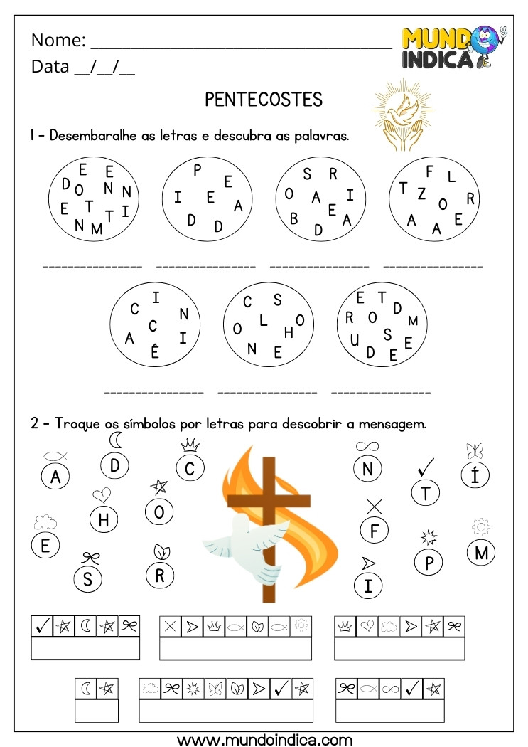 Atividade Bíblica sobre Pentecostes para Desembaralhar as Letras e Descobrir as Palavras e Trocar os Símbolos por Letras para Descobrir a Mensagem