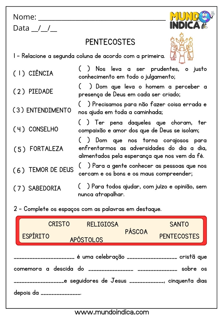 Atividade Bíblica sobre Pentecostes para Relacionar as Colunas e Completar os Espaços em Branco com as Palavras em Destaque