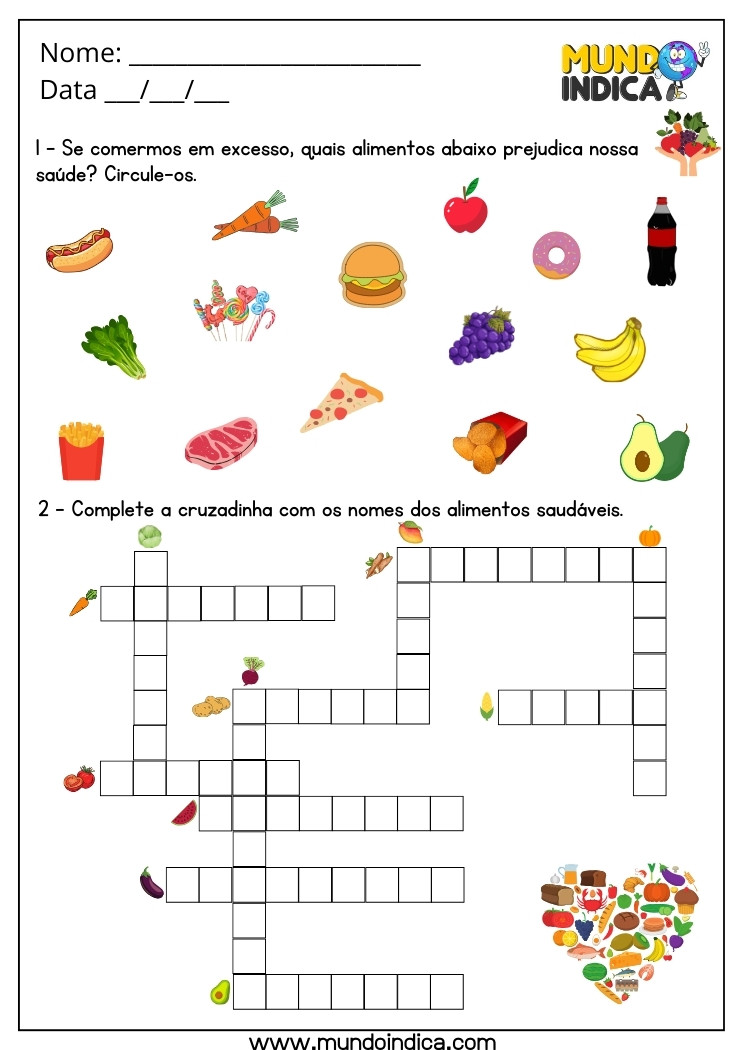 Atividade Lúdica de Ciências com Percepção Visual dos Alimentos Prejudiciais e Cruzadinha de Alimentação Saudável para Imprimir