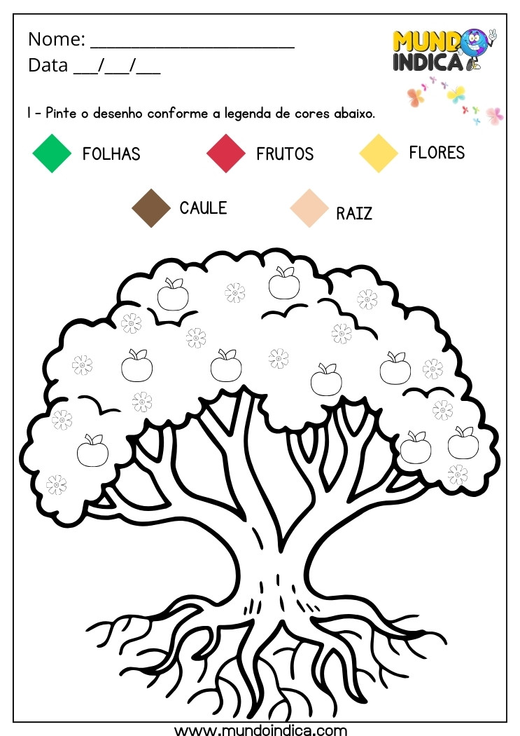 Atividade Lúdica de Ciências com Pintura Dirigida da Árvore de Acordo com a Legenda para Imprimir