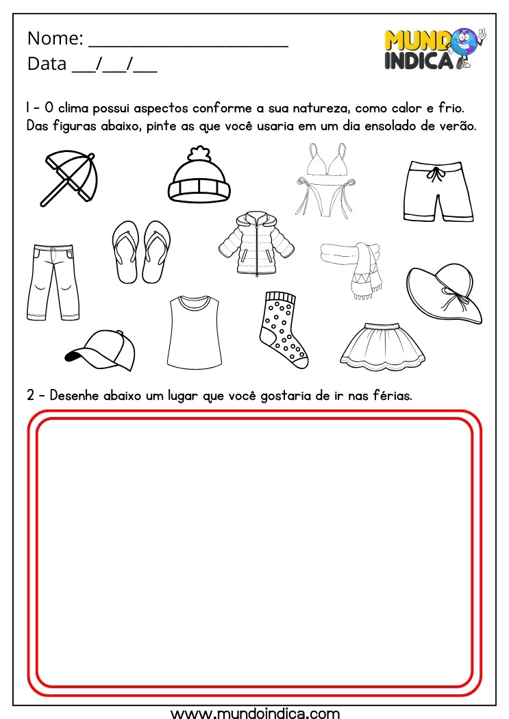 Atividade Lúdica de Geografia sobre Aspectos da Natureza e Roupas Adequadas para Cada Clima para Pintar e Desenhar