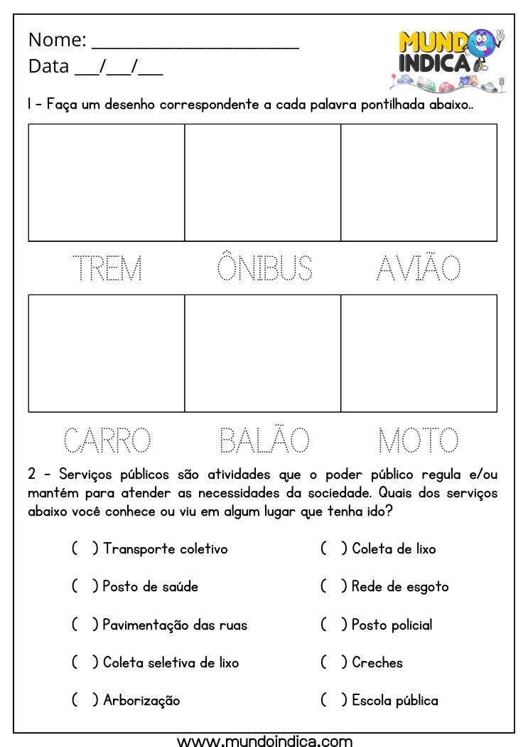 Atividade Lúdica de Geografia sobre Meios de Transportes e Serviços Públicos