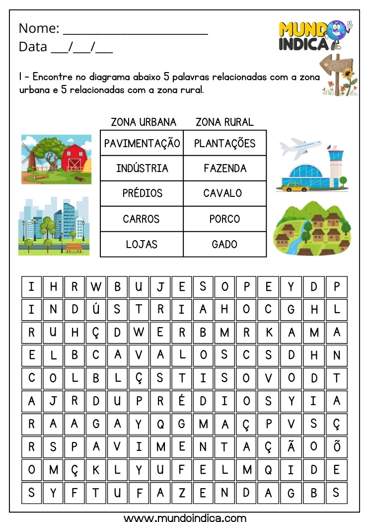 Atividade Lúdica de Geografia sobre Zona Urbana e Rural com Caça-Palavras para Imprimir