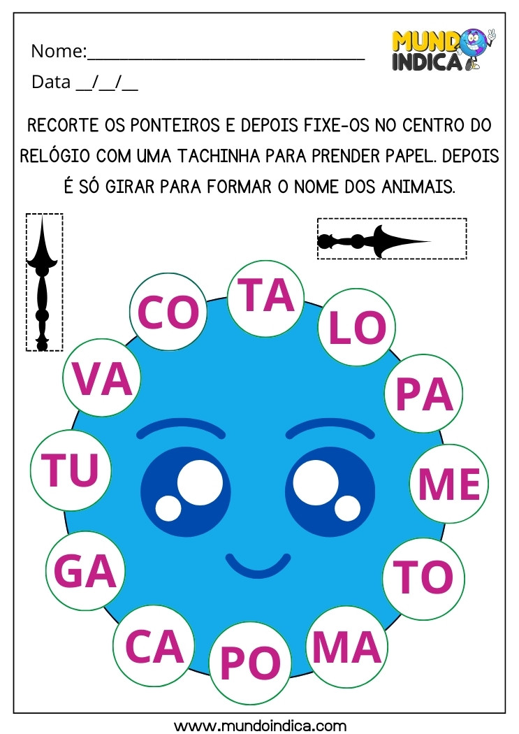 Atividade Lúdica de Leitura com Relógio de Sílabas para Formação de Nomes de Animais