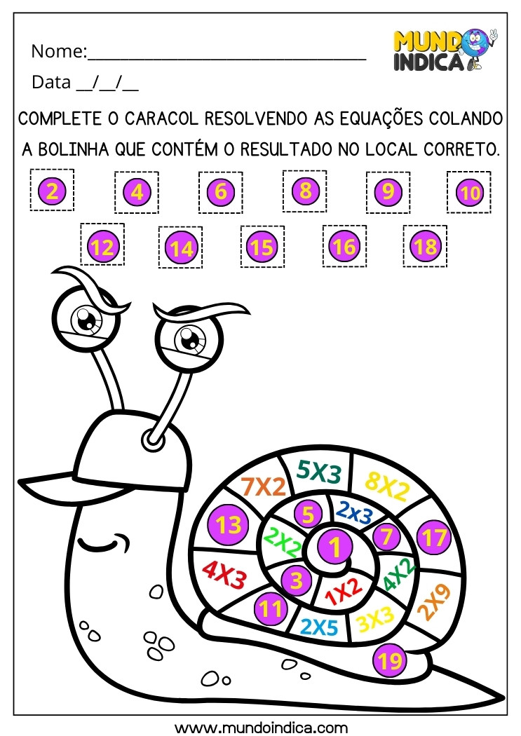 Atividade Lúdica de Multiplicação com Colagem do Resultado da Equação no Caracol