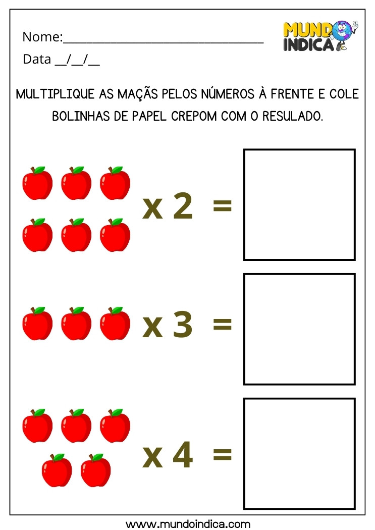 Atividade Lúdica de Multiplicação das Maçãs com Colagem de Bolinhas de Papel Crepom