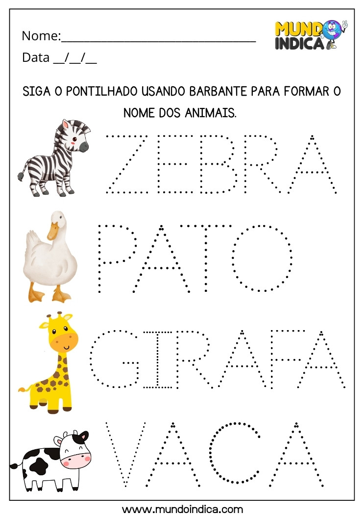 Atividade Lúdica de Português com Colagem de Barbante nos Nomes dos Animais