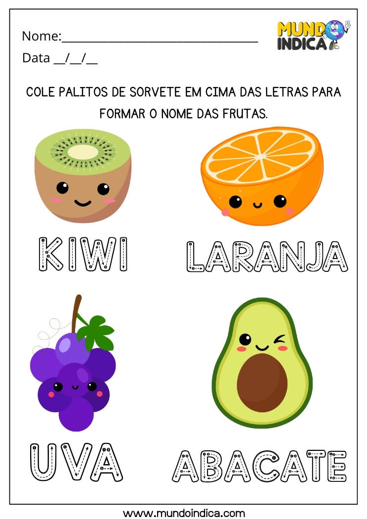 Atividade Lúdica de Português com Colagem de Palitos de Sorvete nos Nomes das Frutas