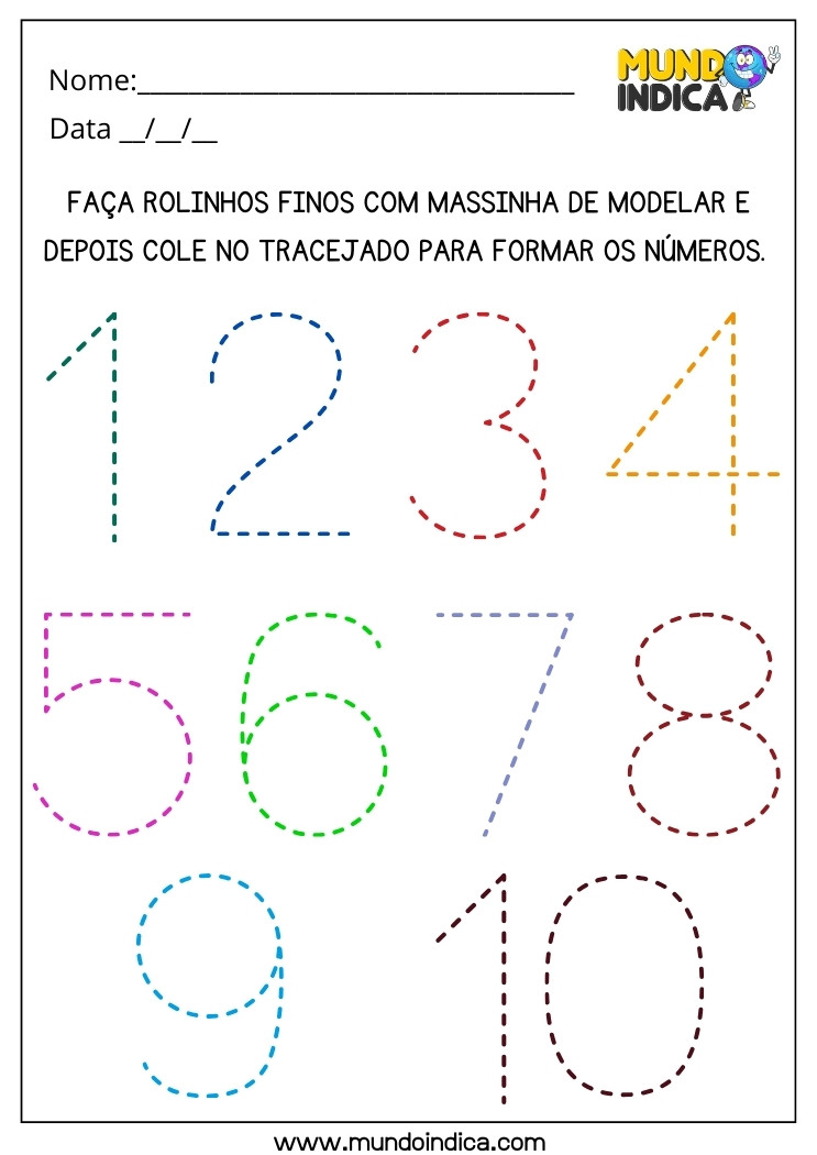 Atividade Lúdica para Coordenação Motora com Massinha de Modelar para Colar nos Tracejados dos Números