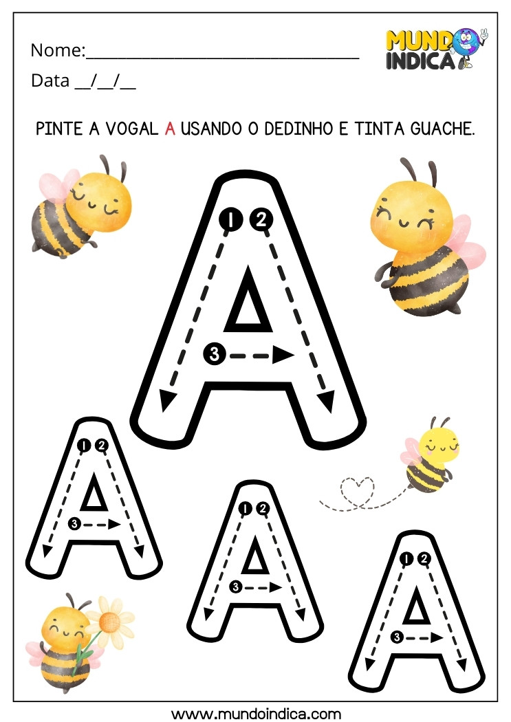 Atividade Lúdica para Coordenação Motora com Tinta Guache para Pintar a Vogal A com o Dedinho