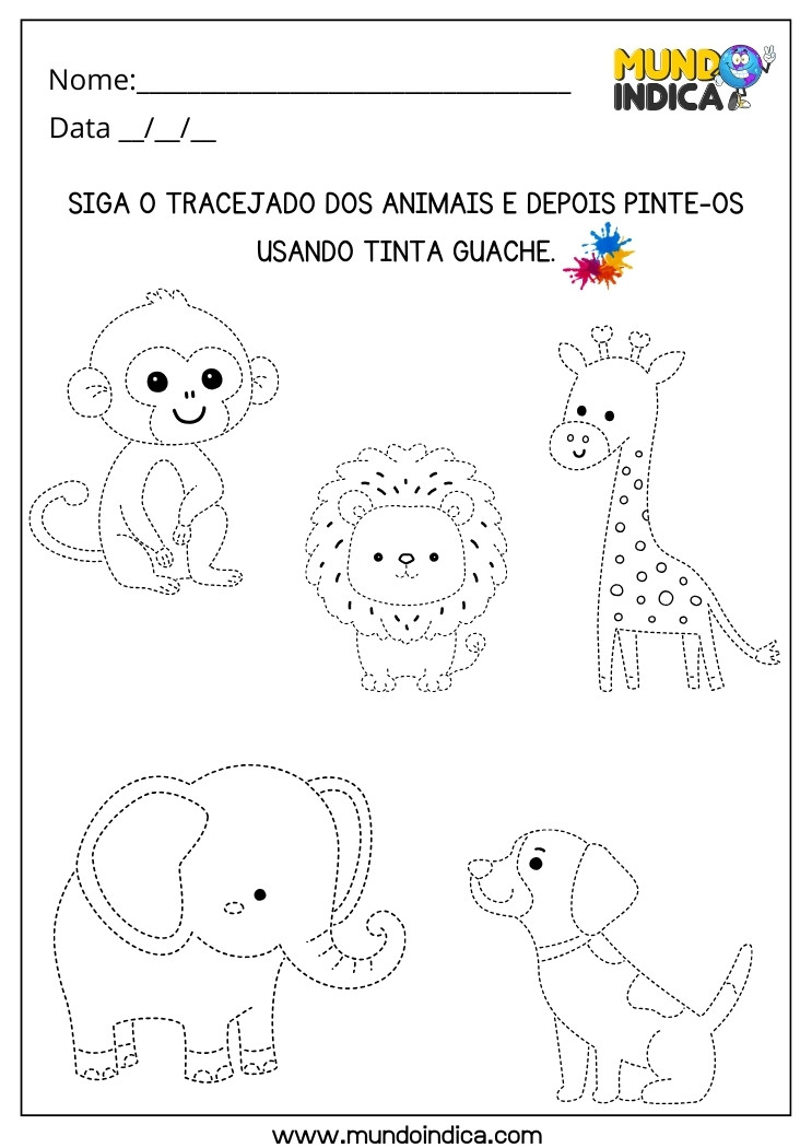 Atividade Lúdica para Coordenação Motora com Tinta Guache para Seguir o Tracejado e Pintar os Animais