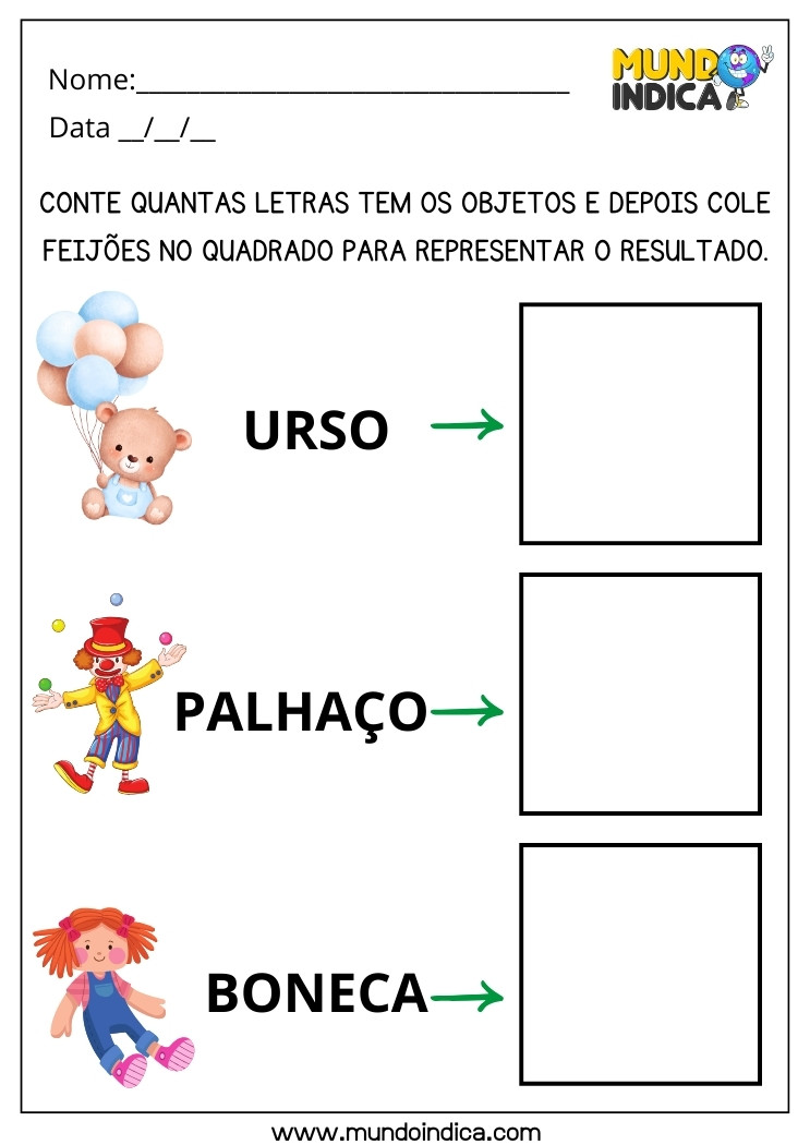 Atividade Lúdica para Crianças com Contagem de Letras e Colagem de Feijões