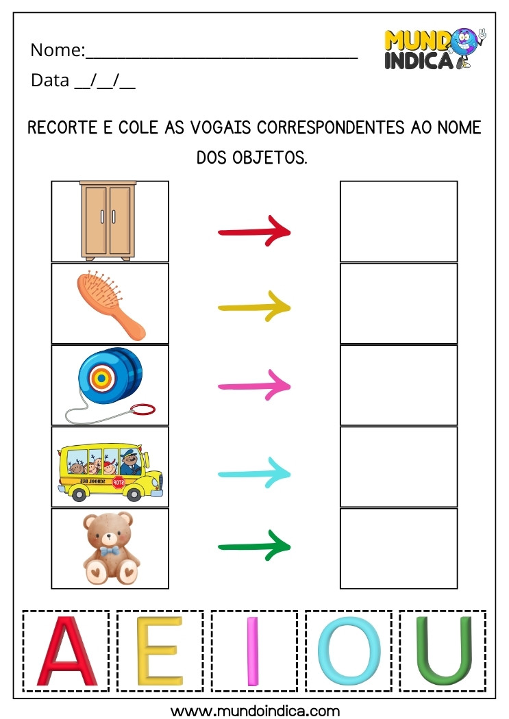 Atividade Lúdica para Crianças com Recorte e Cole as Vogais Correspondentes aos Nomes dos Objetos
