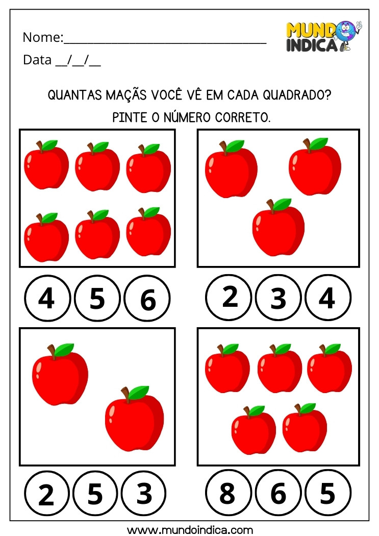 Atividade Lúdica para Educação Infantil com Contagem das Maçãs e Pintura dos Números Corretos