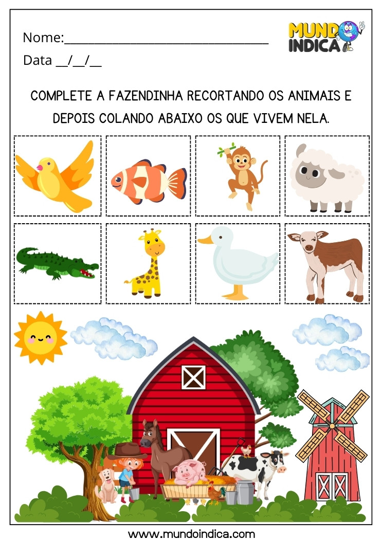 Atividade Lúdica para Educação Infantil com Recorte e Colagem dos Animais para Completar a Fazendinha