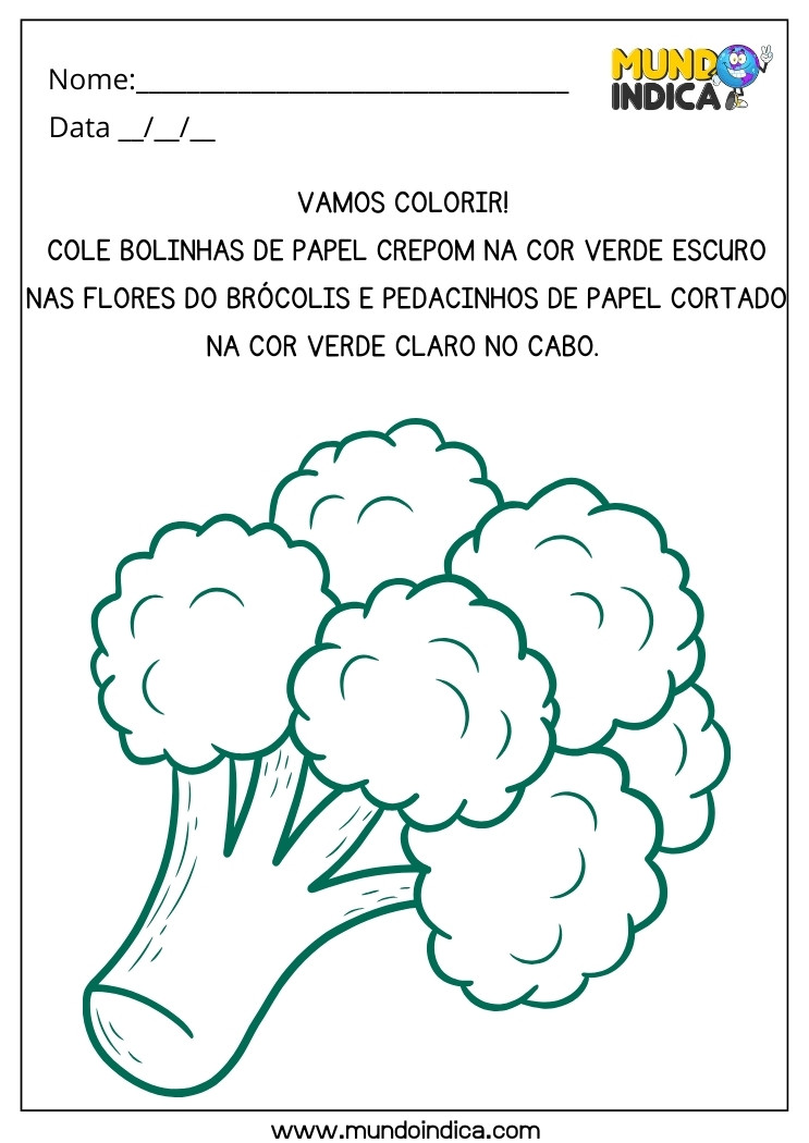 Atividade Lúdica para Maternal com Colagem de Papel Crepom Verde Escuro e Claro no Alimento Saudável