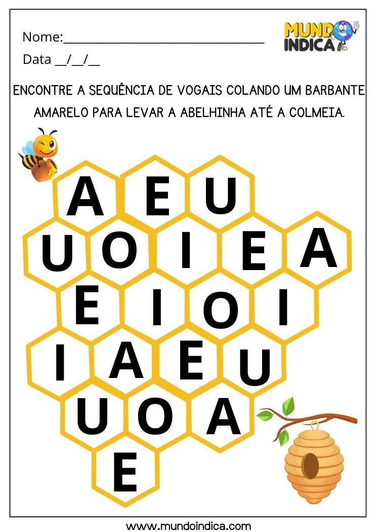 Atividade Lúdica para Maternal para Encontrar a Sequência de Vogais Colando um Barbante para Levar a Abelhinha até a Colmeia