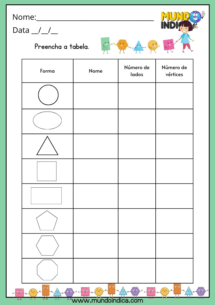 Atividade com Forma Geométrica para Preencher a Tabela com o Nome da Forma, Número de Letras e Sílabas para Alunos com TDAH para Imprimir