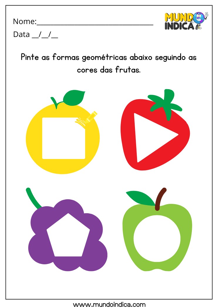 Atividade com Formas Geométricas e Frutas para Pintura Conforme as Cores para TDAH