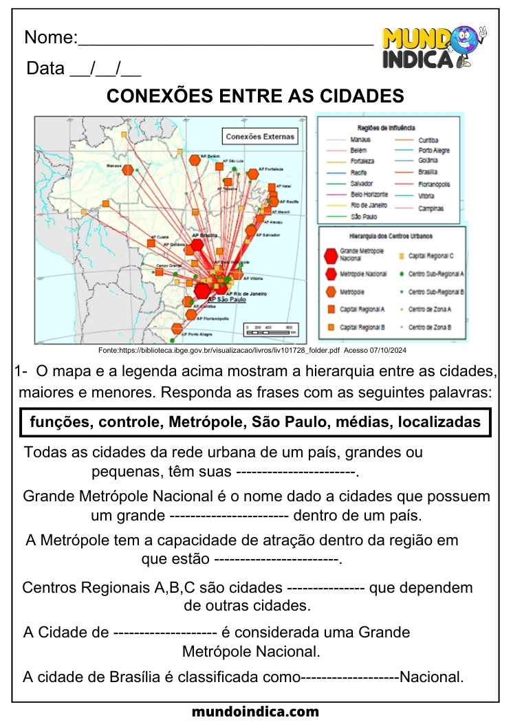 Atividade de Geografia Conexões entre as Cidades para 5 ano para imprimir