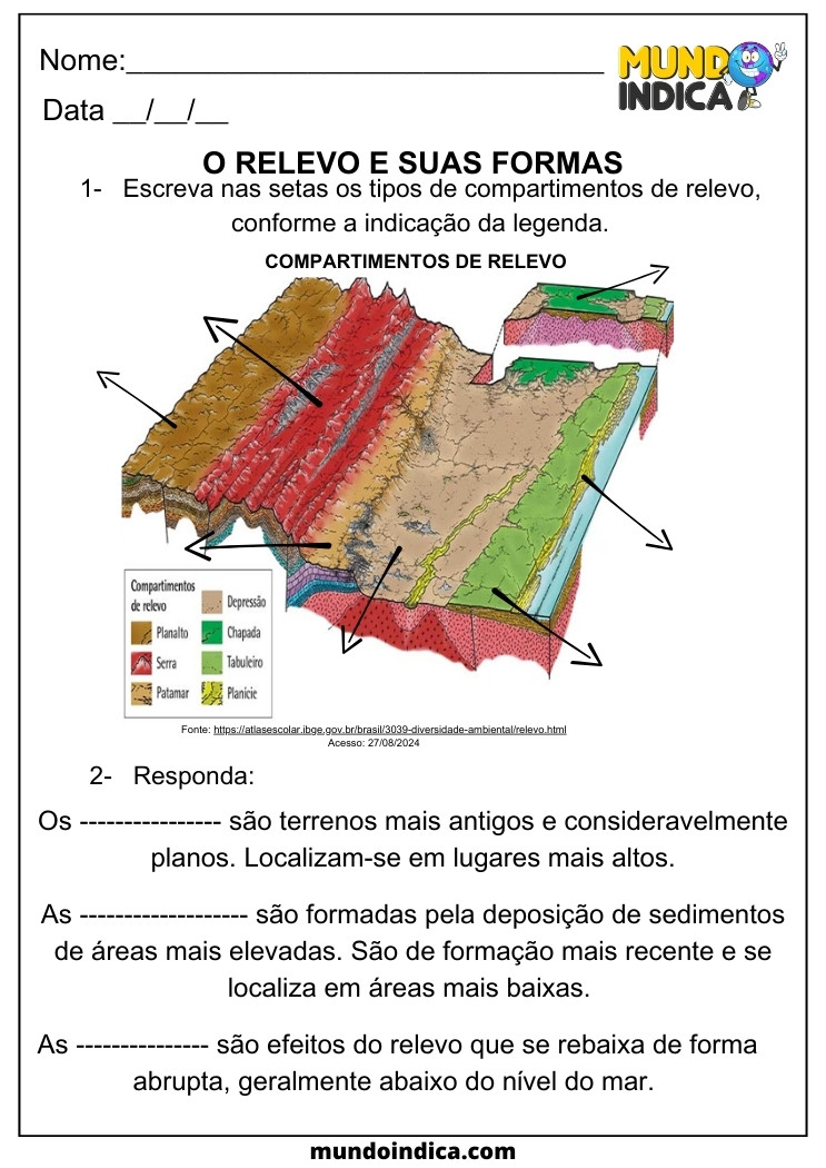 Atividade de Geografia Relevo e suas Formas para 5 ano para imprimir