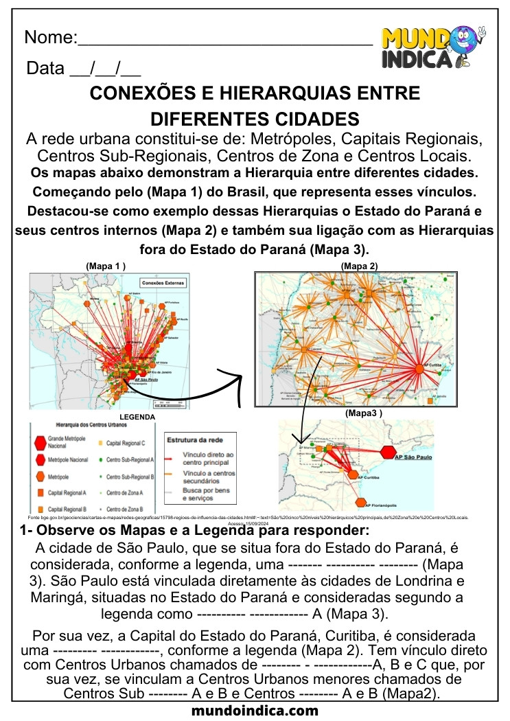 Atividade de Geografia sobre Conexões e Hierarquias entre Diferentes Cidades para 5 ano para imprimir