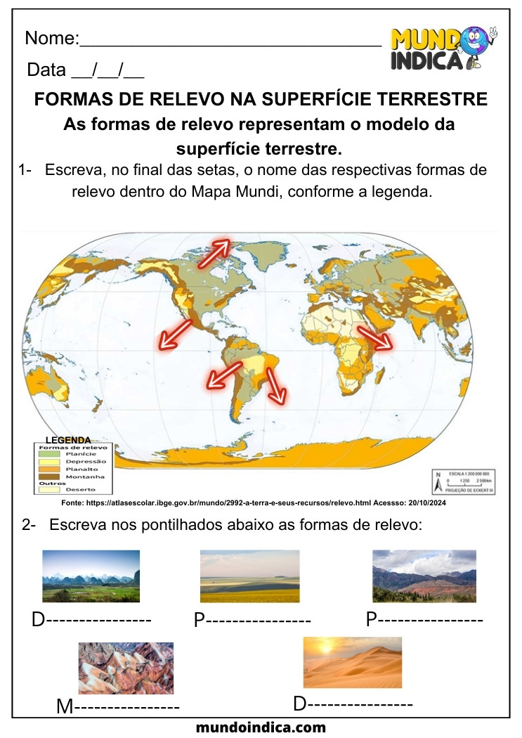 Atividade de Geografia sobre Formas de Relevo na Superfície Terrestre para 5 ano para imprimir