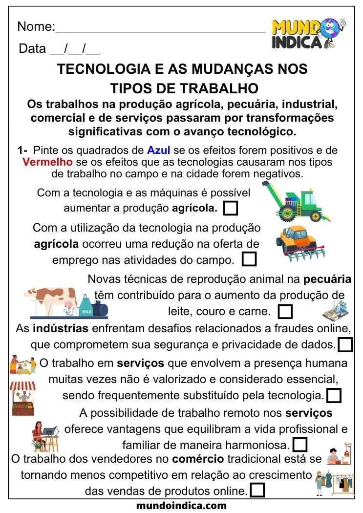 Atividade de Geografia sobre Tecnologia e as Mudanças nos Tipos de Trabalho para 5 ano para imprimir