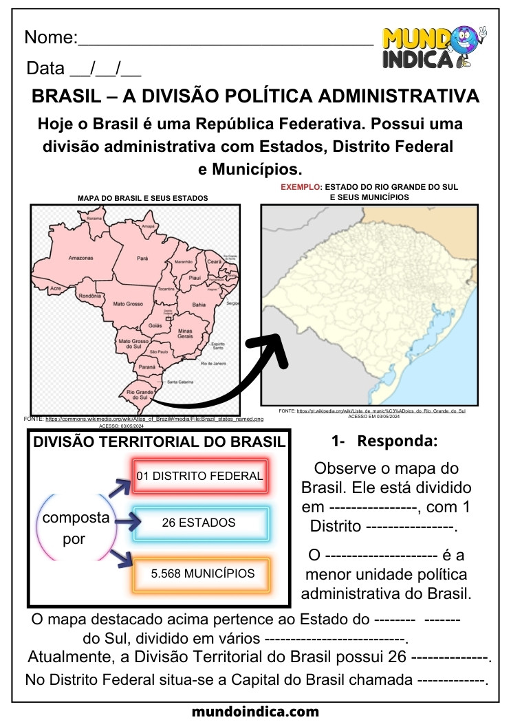 Atividade de Geografia sobre a Divisão Política e Administrativa do Brasil para 5 ano para imprimir