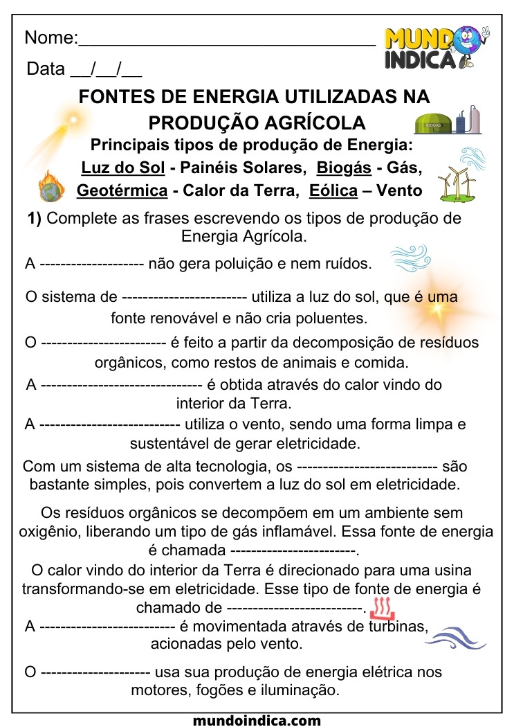 Atividade de Geografia sobre as Fontes de Energia Utilizadas na Produção Agrícola para 5 ano para imprimir