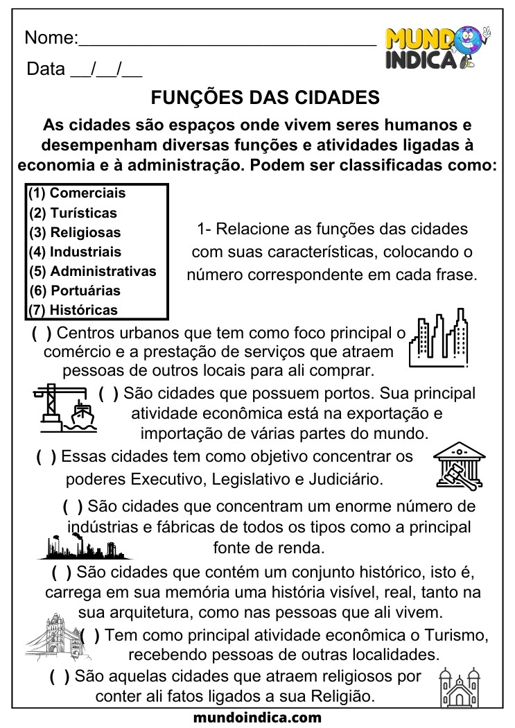 Atividade de Geografia sobre as Funções das Cidades para 5 ano para imprimir