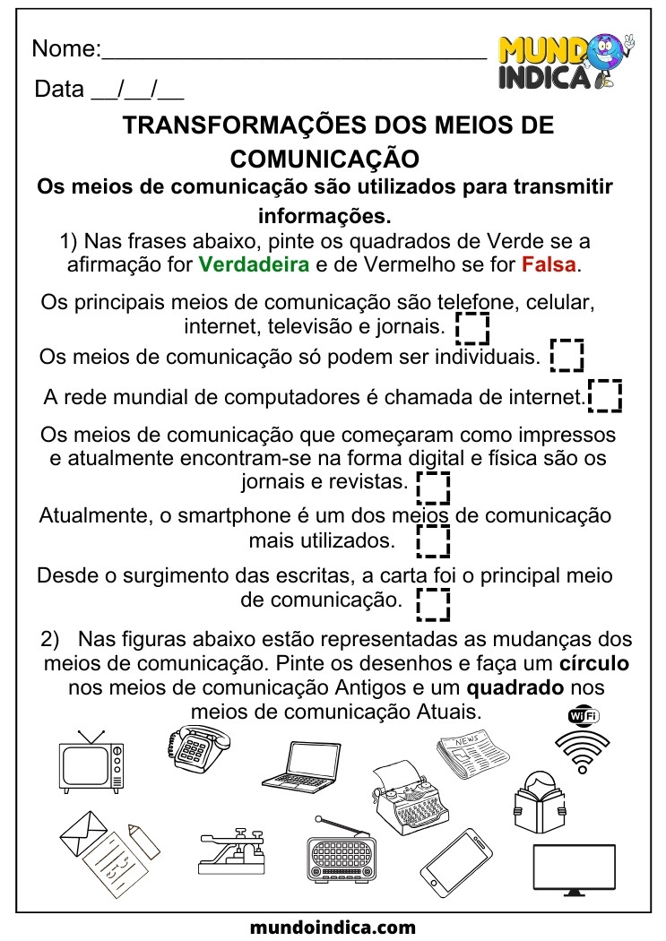 Atividade de Geografia sobre as Transformações dos Meios de Comunicação para 5 ano para imprimir